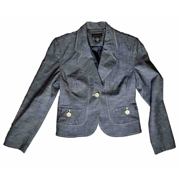 Rafaela Jean Denim Blazer Jacket Women's Size 6P with Shoulder Pads - Picture 1 of 5